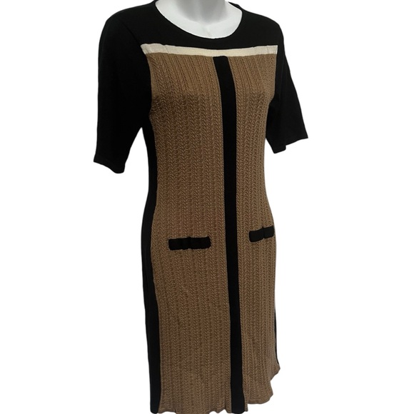 Tahari arthur s levine Knee Length Classic Dress Cable Knit Tan Black White - Picture 2 of 6